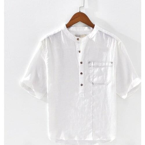 Pullover Solid 100% Linen Half Sleeve Shirt Men Casual Summer Breathable Flax Dress Shirts Male Camisas Para Hombre TS-620
