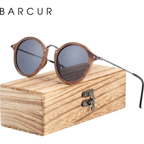 BARCUR Vintage Natural Black Walnut Sunglasses Round Polarized Wooden Sun Glasses Men Women Oculos De Sol Masculino