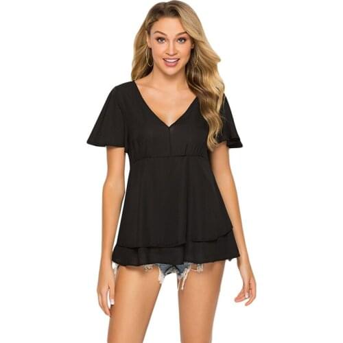 Short Sleeve Loose Casual V-neck Double Hem Slim Chiffon Shirt Female Shirts Summer Shirt Work Tops High Quality