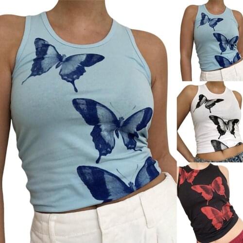 Butterfly print vest crop top summer Y2K sleeveless off-the-shoulder fashion street wear casual tie-dye vest