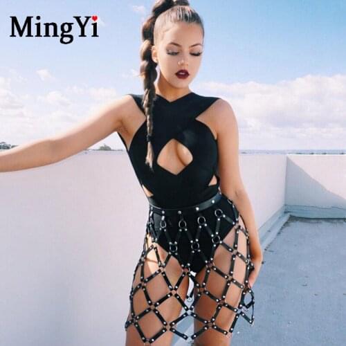 Leather Harness Hollow Out Mesh Cage Skirt Punk Goth Sexy Mini Pencil Skirt Bdsm Body Bondage Belt Skirt Night Club Party Wear