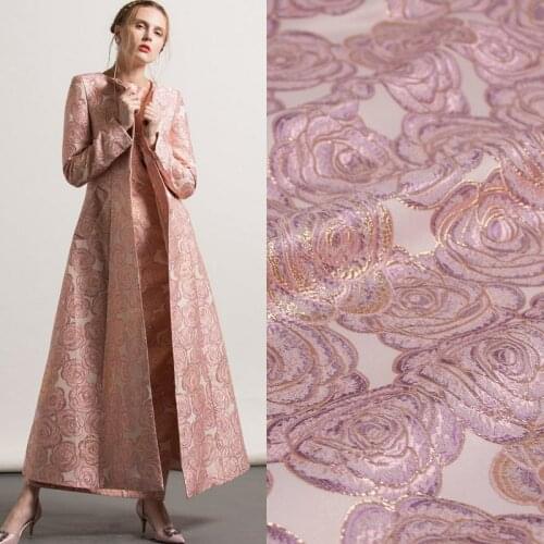 Gold metallic pink rose flowers brocade jacquard fabric polyester yarn dyed fabric cloth patchwork for women coat dress tissus