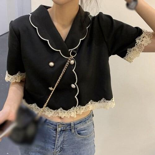 Women Blouses Summer Short Sleeves Crop Top Retro Elegant Peter Pan Collar Shirt Tops With Hollow Out Lace Trim