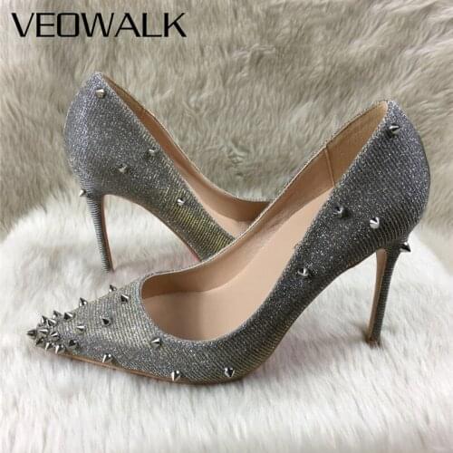 Veowalk Metal Spikes Women Glitter Silver Pointy Toe Stiletto Pumps Sexy Ladies Party Dress Shoes 8cm 10cm 12cm High Heels 33-45