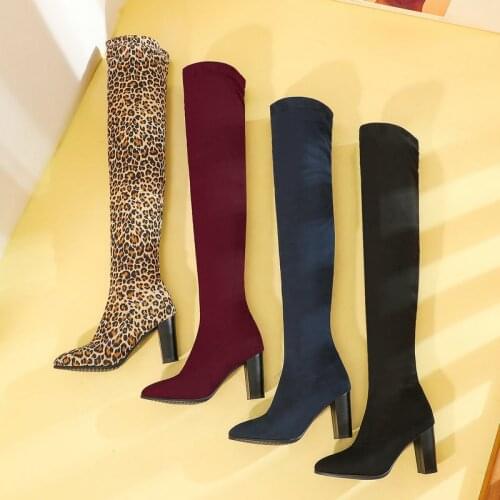 2021 Fashion Flock Leather Over The Knee Women Boots Stretch Fabrics Slip-On High Heels Pointed Toe Fall Winter Lady Long Boots
