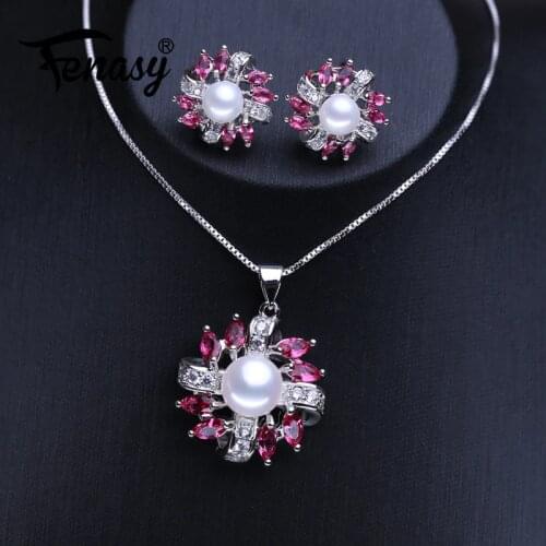 FENASY 925 Sterling Silver Jewelry Sets Bohemian Flower Stud Earrings Party Ruby Pendant Natural Pearl Necklaces For Women