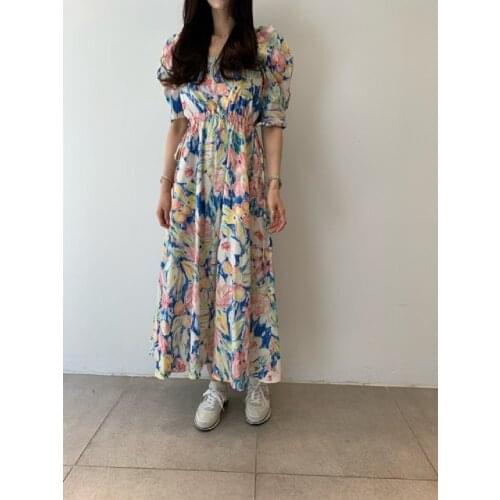 New Floral Maxi Long Summer Korean Woman Dress Puff Short Sleeve Elastic Waist Dresses Vestidoes YOU275