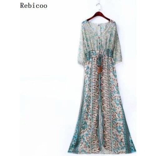 Women Long Maxi Dresses Bohemia V-neck Three Quarter Sleeve Floral Print Ethnic Summer Beach Female Button Design Fashion Dress