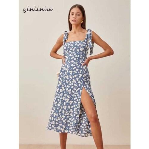 Yinlinhe Blue Floral Tied Brace Midi Dress Women Square Collar Summer Dress Backless Slim Elegant Party Dress Split Outfits 2171