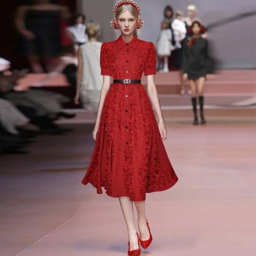 Runway New Summer High Quality Womens Vintage Elegant Single-breasted Fashion Print Vacation Casual Party Red Midi Dress