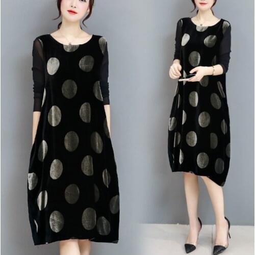 2021 New Spring Autumn Woman Dress Vintage Loose Wave Point Corduroy Net Yarn Long Dresses Vestidos Robe Dresses M-3XL