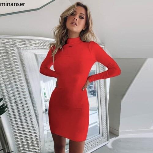 Winter Dress Women Red Black White Bodycon Mini Sexy Clothes Club Open Back Long Sleeve Turtleneck Party Home Solid Robe Fille