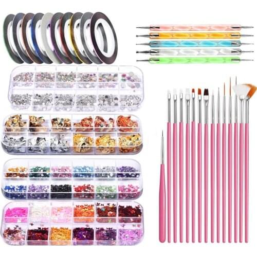 1Set Nail Painting Drilling Pen Sets Manicure Sequins Decorations DIY PP Nail Art Drawing Liner Glitter Set