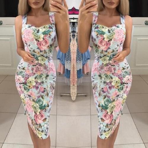 2021 new Dresses Women Elegant Evening Party Vintage Rose Flower Print Sleeveless Bodycon Midi Dress Evening dress платье