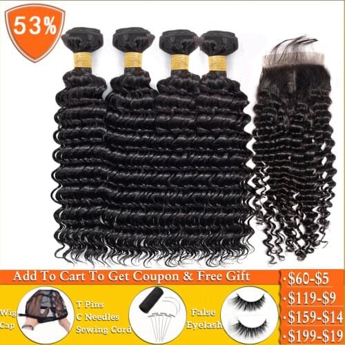 Brazilian deep wave bundles with closure non-remy human hair weave 4 bundles with closure Peruvian hair closure with bundles