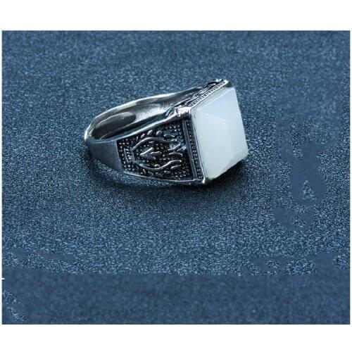 S925 Sterling Silver Inlaid Natural Hetian Jade White Jade Ring Classic Retro Square Bare Stone Men And Women