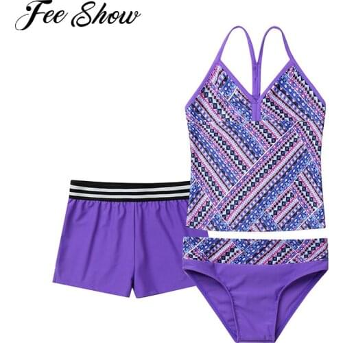 3Pcs Kids Girls Summer Swimwear Swimsuit Spaghetti Straps Vest Top and Bottoms Boyshorts Briefs Set Children Beach Bathing Suits