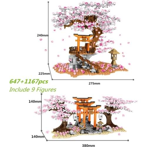 City Street View Sakura Stall Inari Shrine Building Blocks Cherry Tree Blossom Landscape House Kit Bricks Kids Toys For Girls