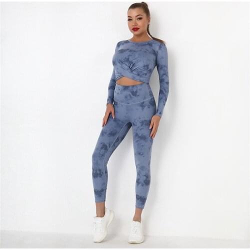 Tie Dye Yoga Suits 2 Pcs Long Sleeve Shirts+High Waist Leggings Sexy Nylon Gym Suits Breathable Tracksuit Colorful Sports Suits