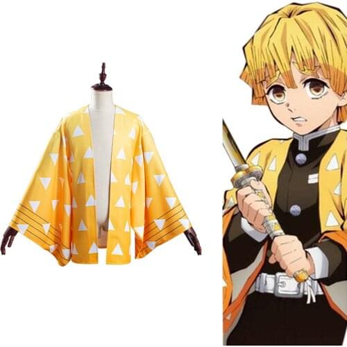 Anime Demon Slayer Kimetsu no Yaiba Agatsuma Zenitsu Cosplay Costume Robe Kimono Coat
