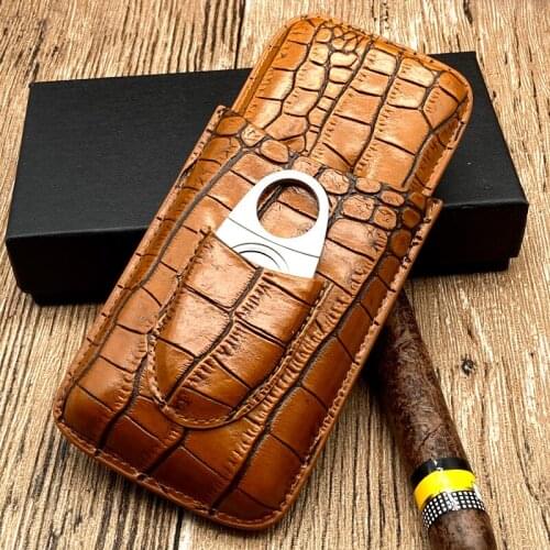Good Quality Leather Travel Cigar Case Portable 3 Tube Holder Humidor Cigars Accessories For Cohiba W/ Cigar Cutter & Gift Box