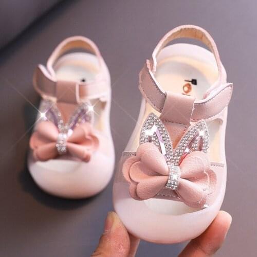 Girls Summer Sandals Toddlers Baby Kids Sandals Rhinestone Rabbit Ear With Bow-knot Sweet Children Beach Shoes Anti-kick Toe-cap