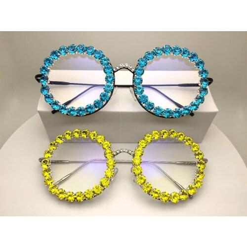 Fashion Spectacle Frame Rhinestone Round Glasses Clear Lens Oversized Womens Blue Yellow Optical Eyeglass Luxury Eyewear oculos