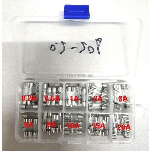 100pcs/box 5*20mm Glass Fuse Mix Set With Box 0.2A 0.5A 1A 2A 3A 5A 8A 10A 15A 20A 5x20mm Electrical Assorted Fuse Amp Fast-blow
