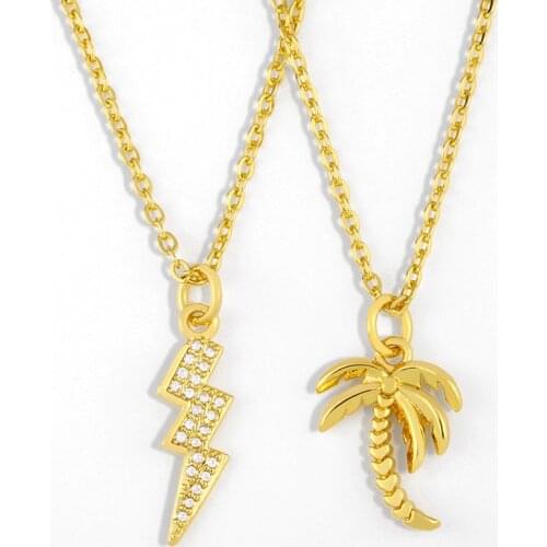 FLOLA CZ Gold Cute Lightning Bolt Necklace For Women Micro Pave Palm Tree Necklace Pendant Wholesale Women Jewelry Gift nker53
