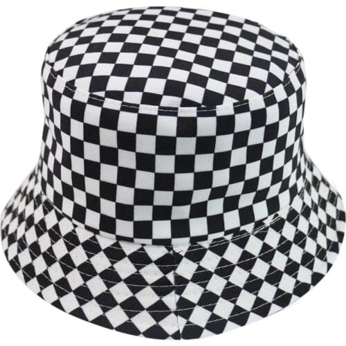 Bucket Hat Two-sided Harajuku Black White Lattice Fisherman Hat Ladies Leisure Sun Hat Male Street Tide Basin Cap Hip Hop Cap