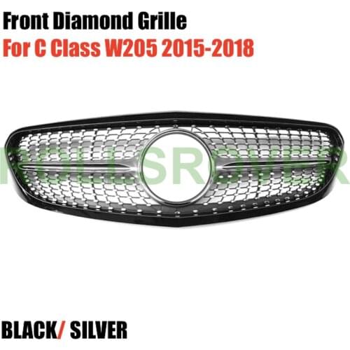 ROLLSROVER Front Bumper Diamond Grille Grill For C Class W205 2015-2018 Black Silver
