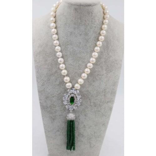 Freshwater pearl white near round 10-11mm green jade roundel faceted ecklace 18inch FPPJ wholesale beads nature
