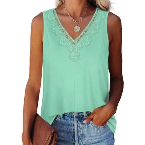 Plus Size Women Vest Casual V Neck Solid Color Lady Vest Lace Sleeveless Loose Top Pullover Summer Women Tanks Top