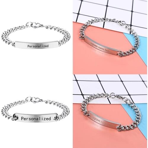 Engraved Couple Bracelet Name Bar Armband Silver color Stainless Steel Pulseiras For Women Men Lovers Friends Wrist Bracelet