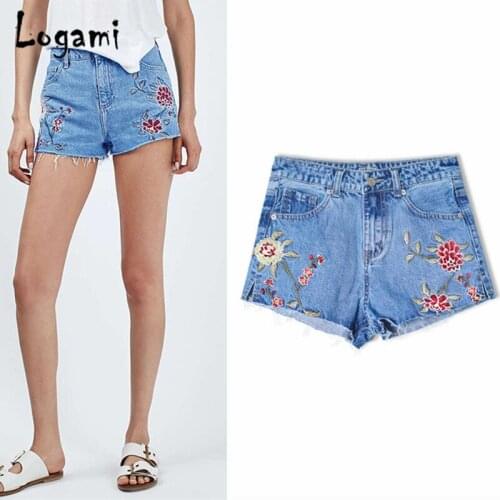LOGAMI High Waisted Floral Embroidery Denim Shorts Summer Mini Jeans Shorts Woman Sexy Vintage Short