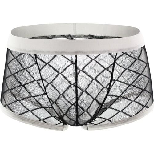 Sexy Boxer For Men Soft Breathable Underwear Rhombus Mesh Perspective Male Comfortable Solid Panties Underpants Boxer Shorts