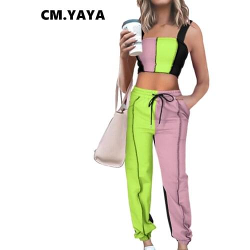 CM.YAYA Women Pants Set Sleeveless Patchwork Slash Neck Crop Tops Drawstring Waist Loose Pencil Pants Casual 2 Piece Set Female