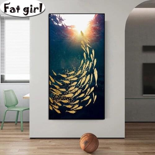 Modern living Room Mural 5D Diy Chinese Style Golden Koi Diamond Painting Mosaic Cross Stitch Embroidery Full Square Round Drill