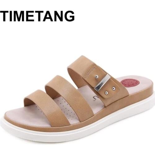 TIMETANGSoft Leather Sport style Slippers Women Summer new Flat Heels Beach Casual Slides Shoes Woman Outdoor Sandals Wedge larg