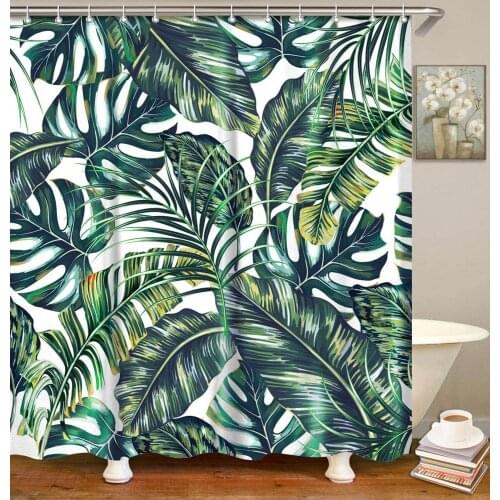 Tropical Jungle Palm Leaves Shower Curtain Fabric Bathroom Set with 12 Hooks Green Summer Plant Bath Decoration Washable
