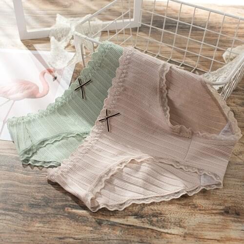 2021 New Large Size Womens Low-waist Underwear Striped Breathable Underpants Cotton Comfortable Lace Briefs Solid Color Panties