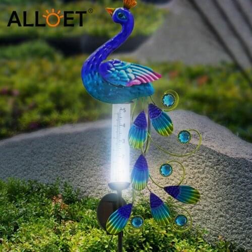 Vintage Solar Powered Peacock Light Outdoor Courtyards Gardens Statue Mental Iron Peacock Animal Rain Gauge Lawn Lamp Decoration