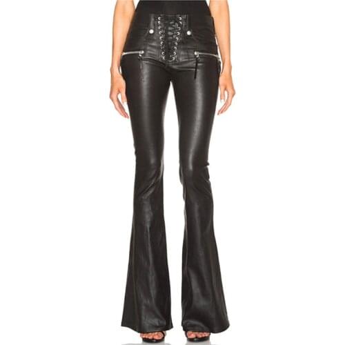 2018 Autumn Plus Size Pants Black Trousers Women Pu Leather Pants Streetwear High Quality England Style Wide Leg Solid Trousers