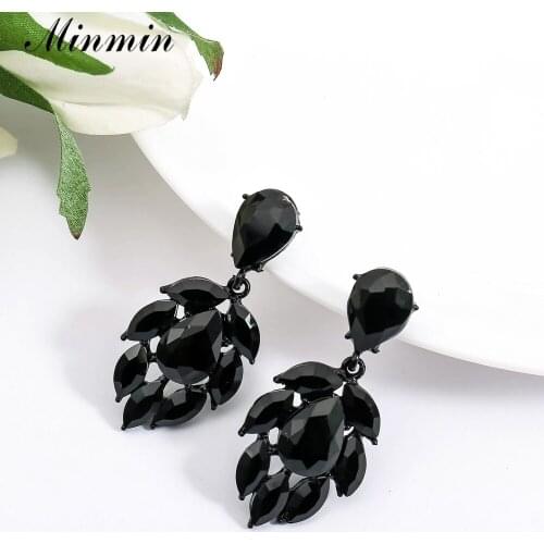Minmin Black/Silver Color Rhinestone Wedding Sparkling flower shape Leaves Crystal Dangle Black Earrings for Women MEH1759