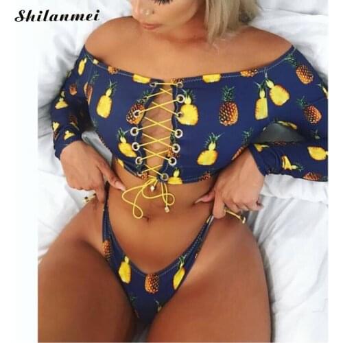 Women Hollow Out Bikini Set Two Piece Swimsuit African Printed Long Sleeve +Thong Women Tankini Lace Up Bandage Padded Swimwear