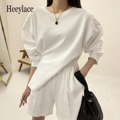 2021 New Spring Autumn Women 2 Piece Set Solid Long Sleeve Sweatshirt Sweatshorts Loose Casual Tracksuit Loungewear Suit