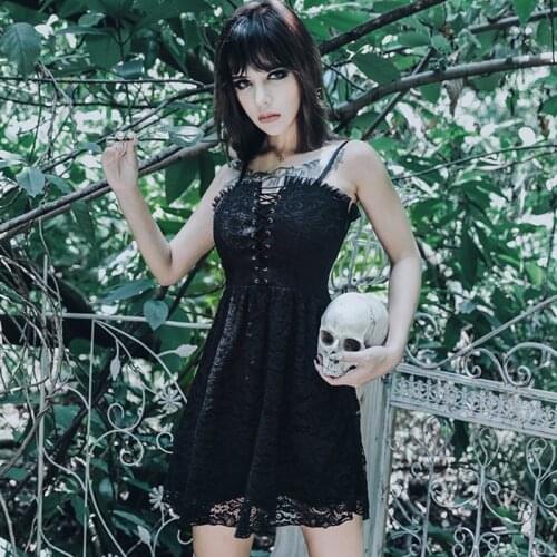 Women Gothic Sexy Spaghetti Strap Black Ruffles Floral Lace Swing Mini Dress Crisscross Bandage High Waist Streetwear