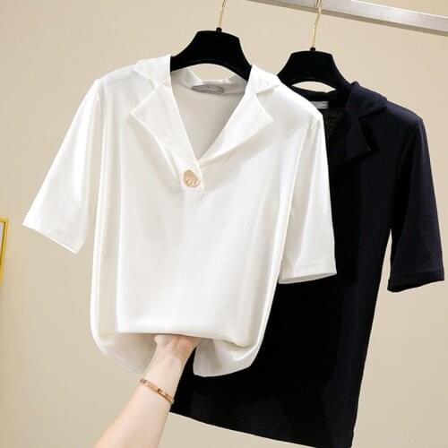 2021 Fashion Women T-Shirt Chic Suit V-Neck Tee Shirt Femme Loose Short Sleeve Womens Tops Summer T Shirts White Black Clothes