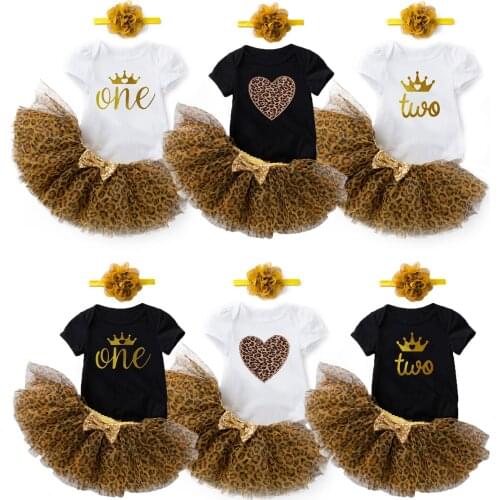 3pcs 0-2 Years BirthDay Princess Infant Toddler Baby Girl Dress Short Sleeve Romper & Leopard Tutu Skirt Set-Kids Party&Casual