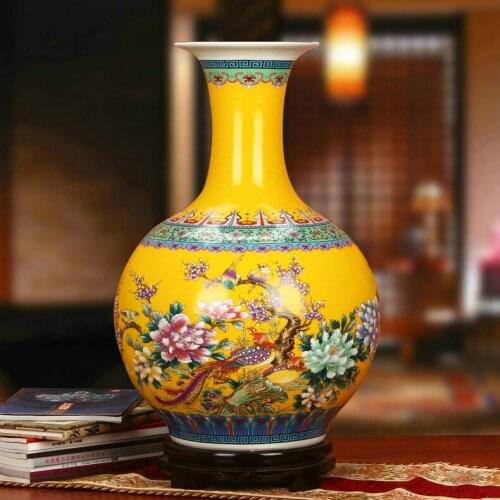 Jingdezhen ceramic Chinese Antique Yellow Peony Phoenix Flower And Bird Vase Classical Household Decorations tall ceramic vase